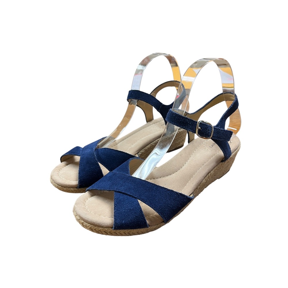 LANDS END Low Wedge Sandals 8B Blue Suede Espadrille Coastal